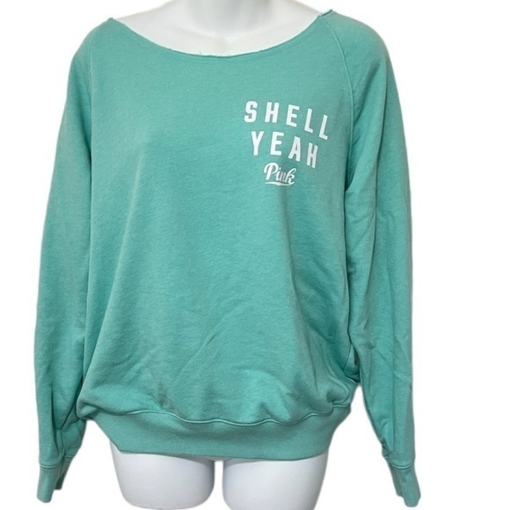 PINK Light Green Sweatshirt with Wide Neckline Size L